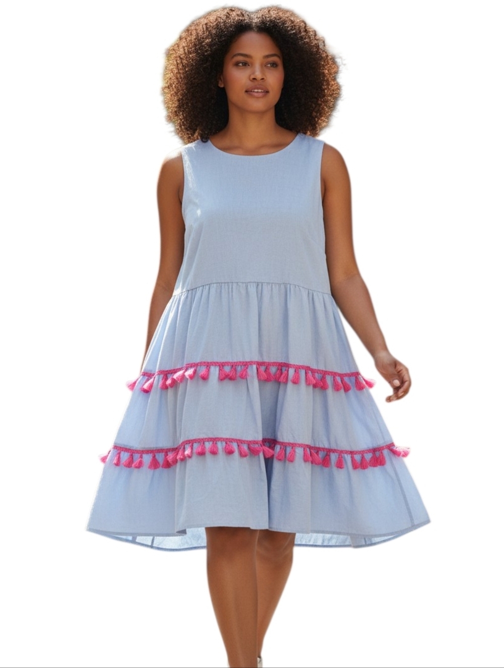 Eliza J Blue Chambray Tassel Trim Fit & Flare Dress Sleeveless Zip Cotton Sz 14